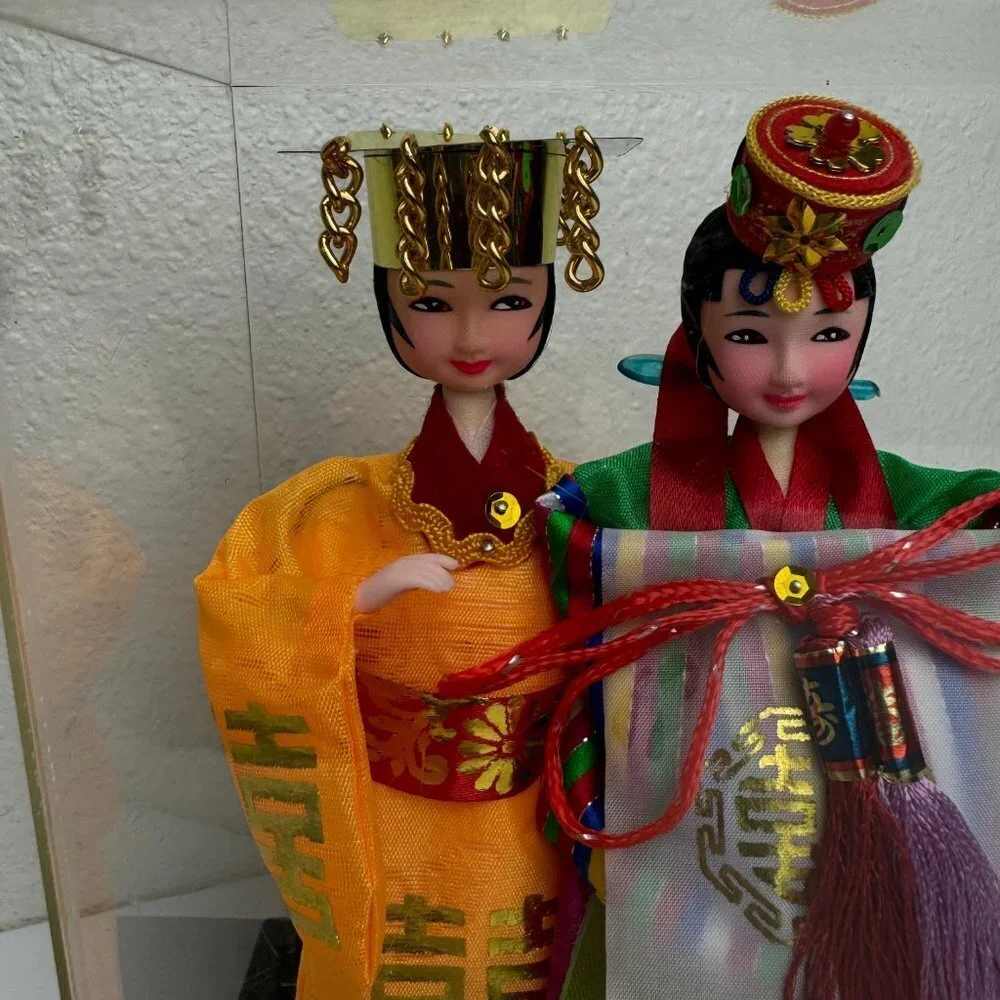 Vintage Korean Native Dolls Vibrant Colors in Plastic Display Case Made in Korea